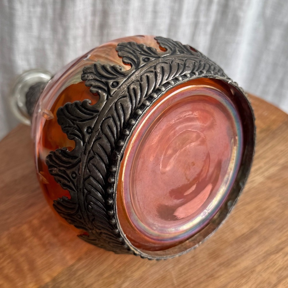 Vintage German Amber Iridescent Decanter Ornate Silver Metal Overlay 9.5" - Picture 6 of 9